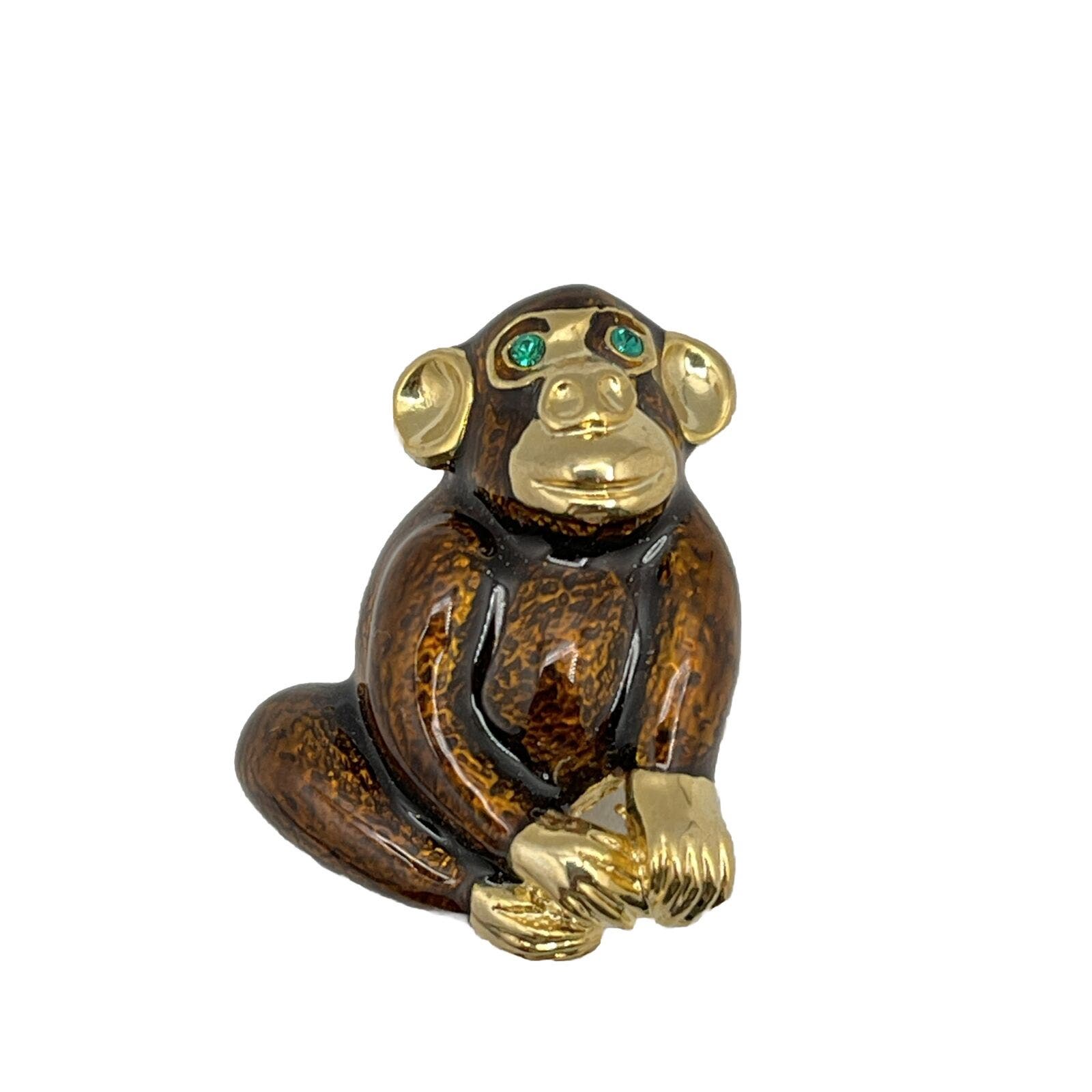 Vintage Monkey Brooch Brown Enamel Gold Tone Animal Pin Mint New Old Stock